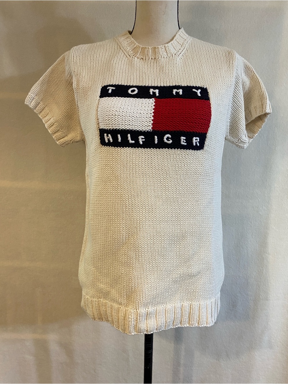 Vintage 90s Y2K Tommy Hilfiger cream knit flag short sleeve sweater